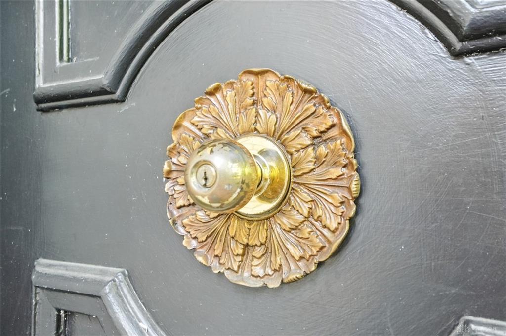 Ornate brass doorknob on a black painted door — the kind of detail a listing photographer notices